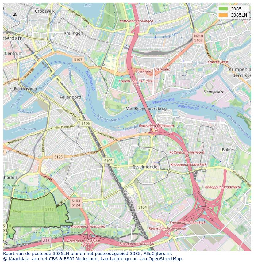 Afbeelding van het postcodegebied 3085 LN op de kaart.