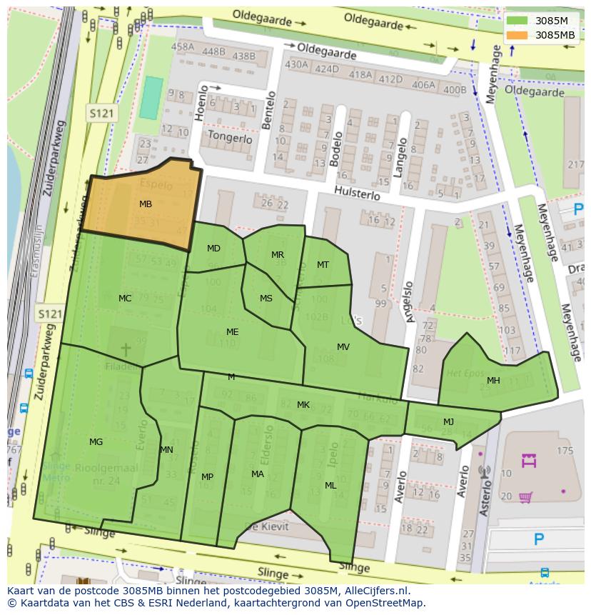 Afbeelding van het postcodegebied 3085 MB op de kaart.