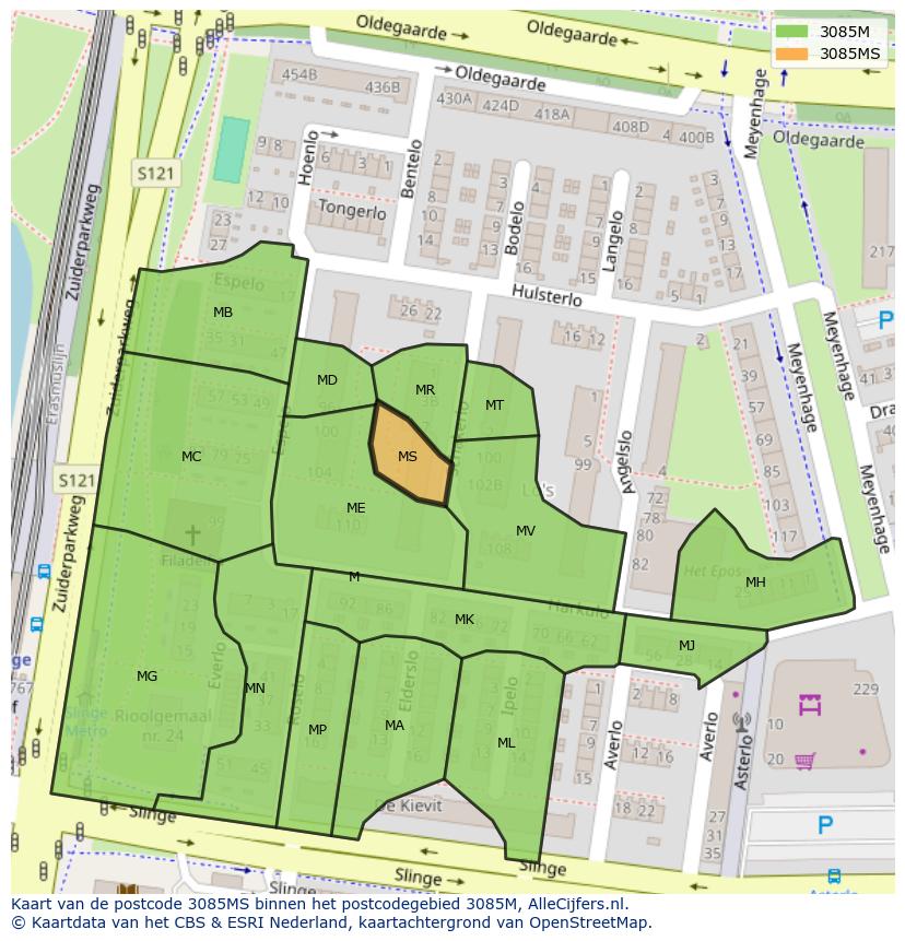 Afbeelding van het postcodegebied 3085 MS op de kaart.