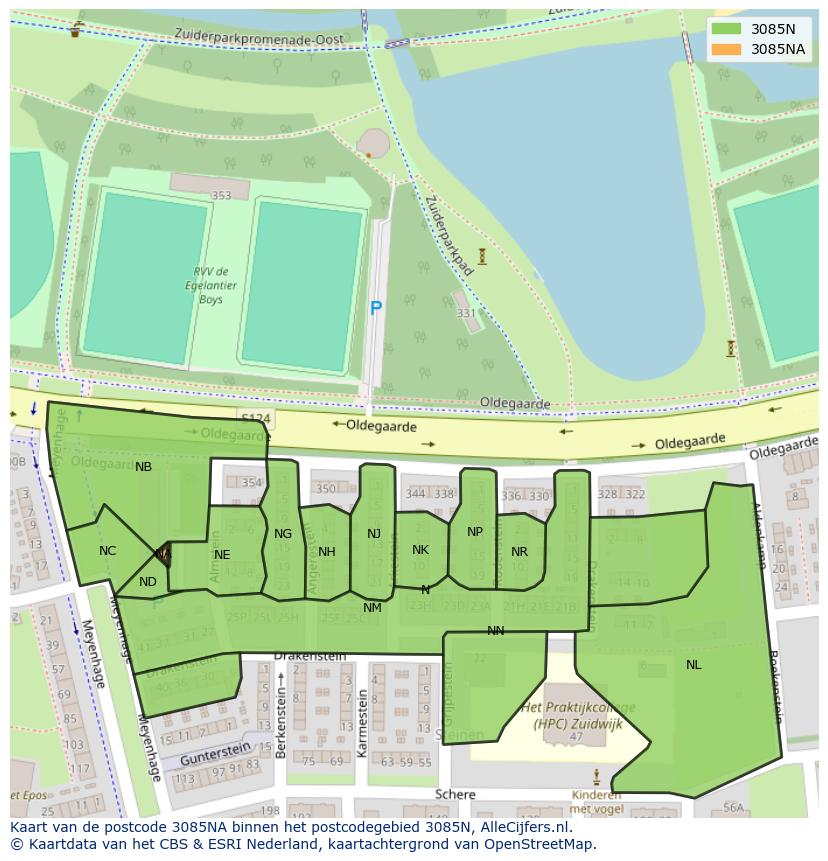 Afbeelding van het postcodegebied 3085 NA op de kaart.