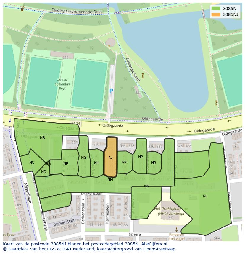 Afbeelding van het postcodegebied 3085 NJ op de kaart.