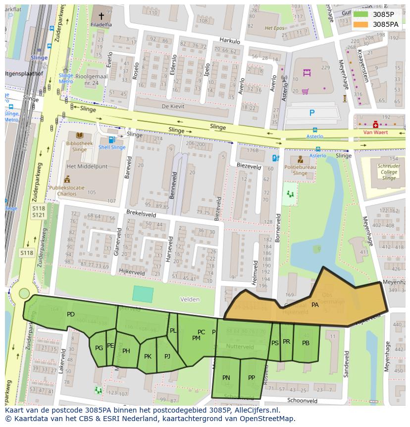 Afbeelding van het postcodegebied 3085 PA op de kaart.