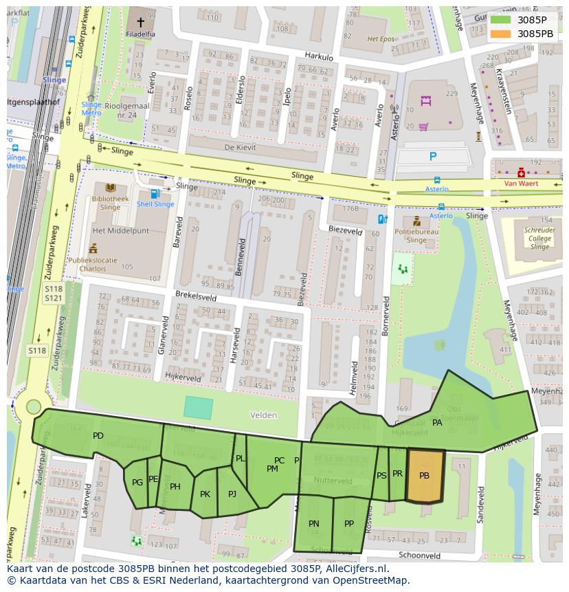 Afbeelding van het postcodegebied 3085 PB op de kaart.