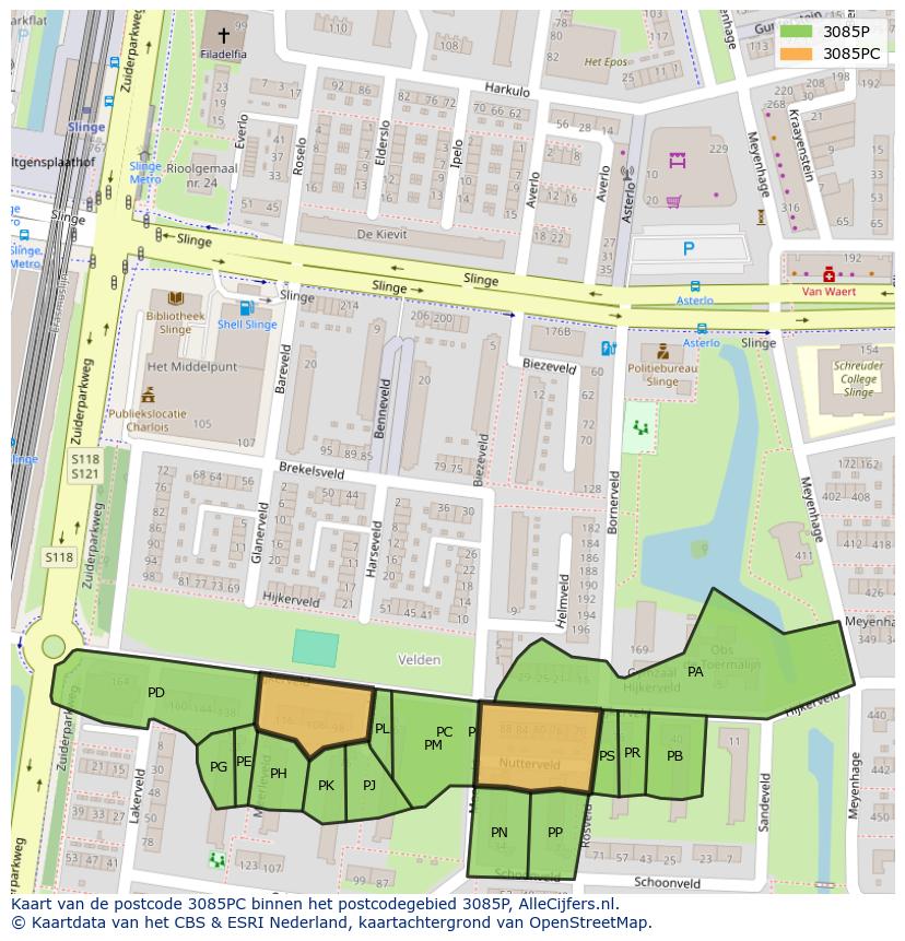 Afbeelding van het postcodegebied 3085 PC op de kaart.