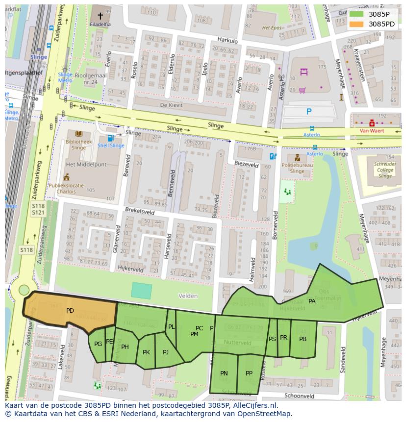Afbeelding van het postcodegebied 3085 PD op de kaart.