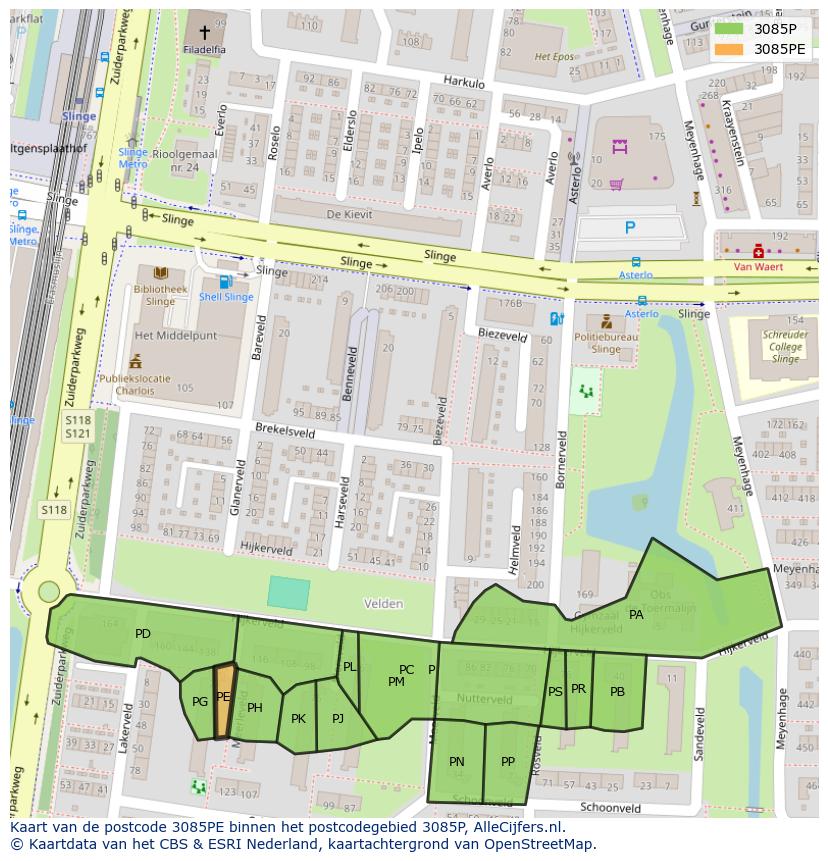 Afbeelding van het postcodegebied 3085 PE op de kaart.