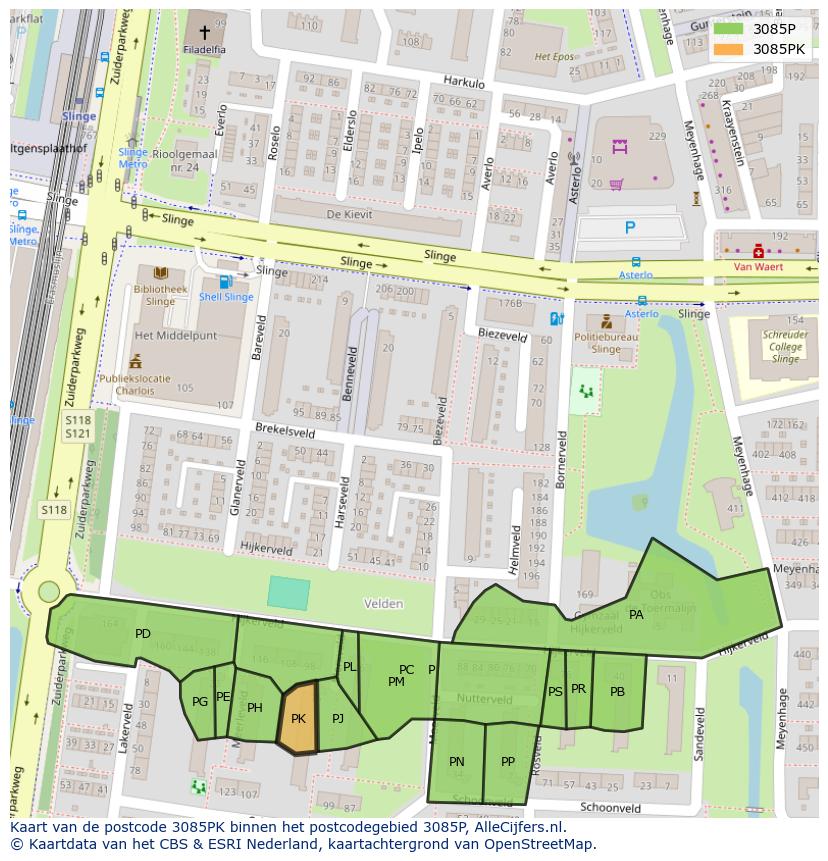 Afbeelding van het postcodegebied 3085 PK op de kaart.