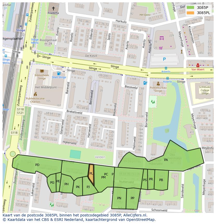 Afbeelding van het postcodegebied 3085 PL op de kaart.