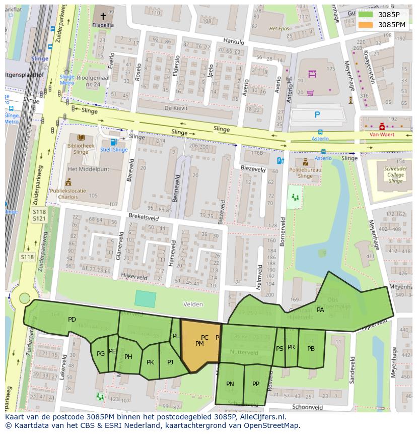Afbeelding van het postcodegebied 3085 PM op de kaart.