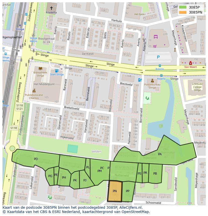 Afbeelding van het postcodegebied 3085 PN op de kaart.