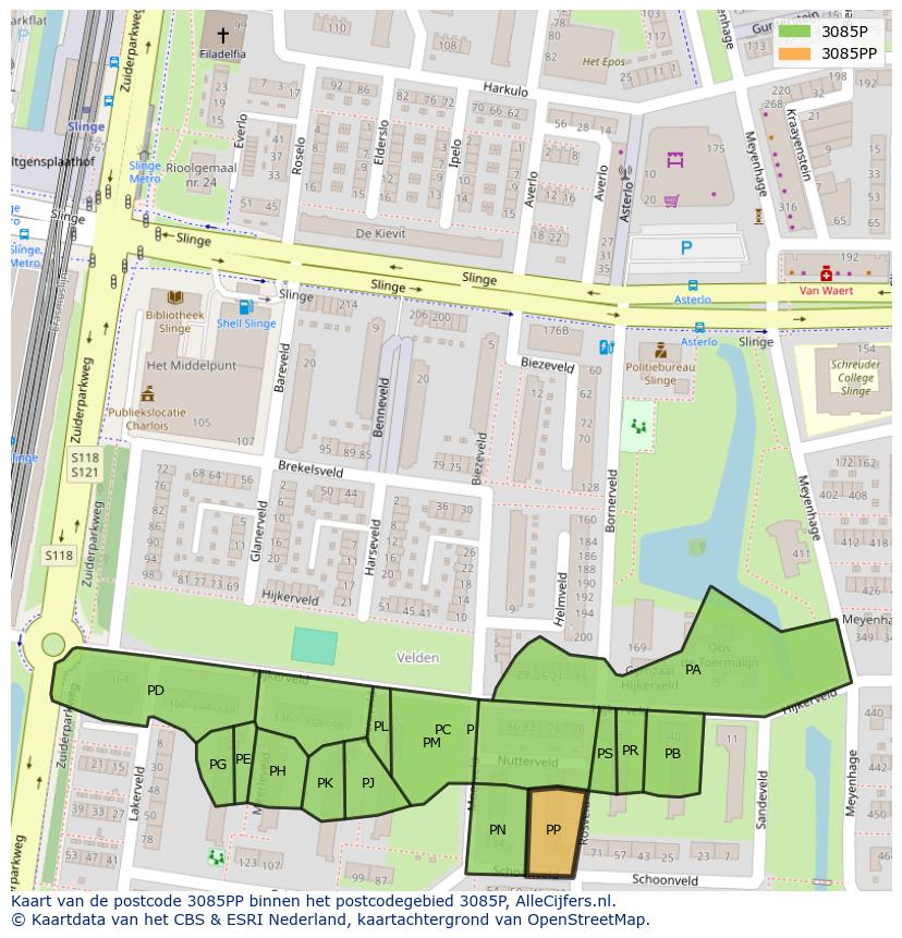 Afbeelding van het postcodegebied 3085 PP op de kaart.