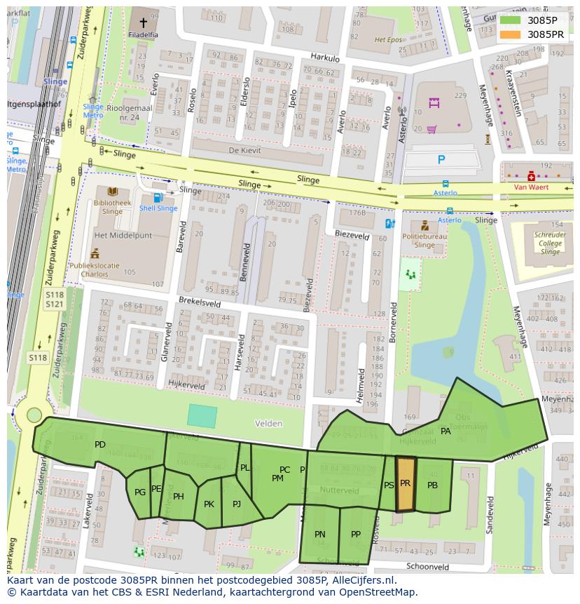 Afbeelding van het postcodegebied 3085 PR op de kaart.