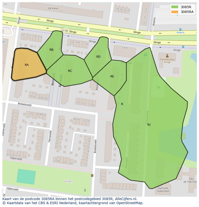 Afbeelding van het postcodegebied 3085 RA op de kaart.