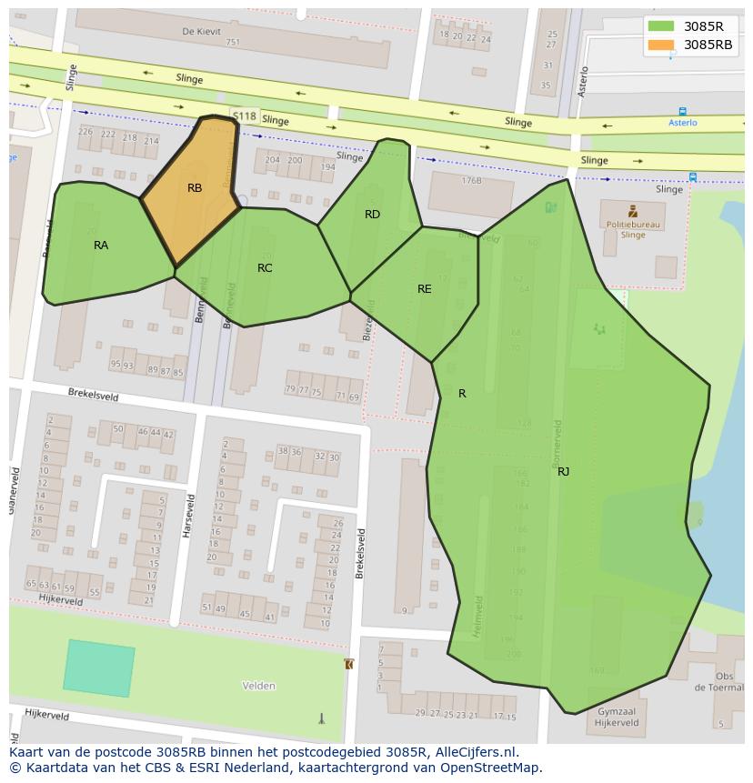 Afbeelding van het postcodegebied 3085 RB op de kaart.