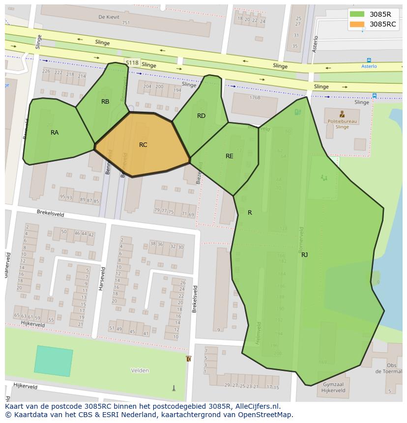 Afbeelding van het postcodegebied 3085 RC op de kaart.