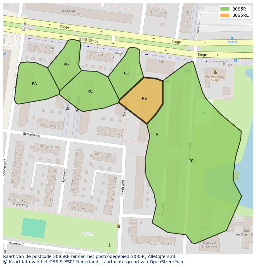 Afbeelding van het postcodegebied 3085 RE op de kaart.