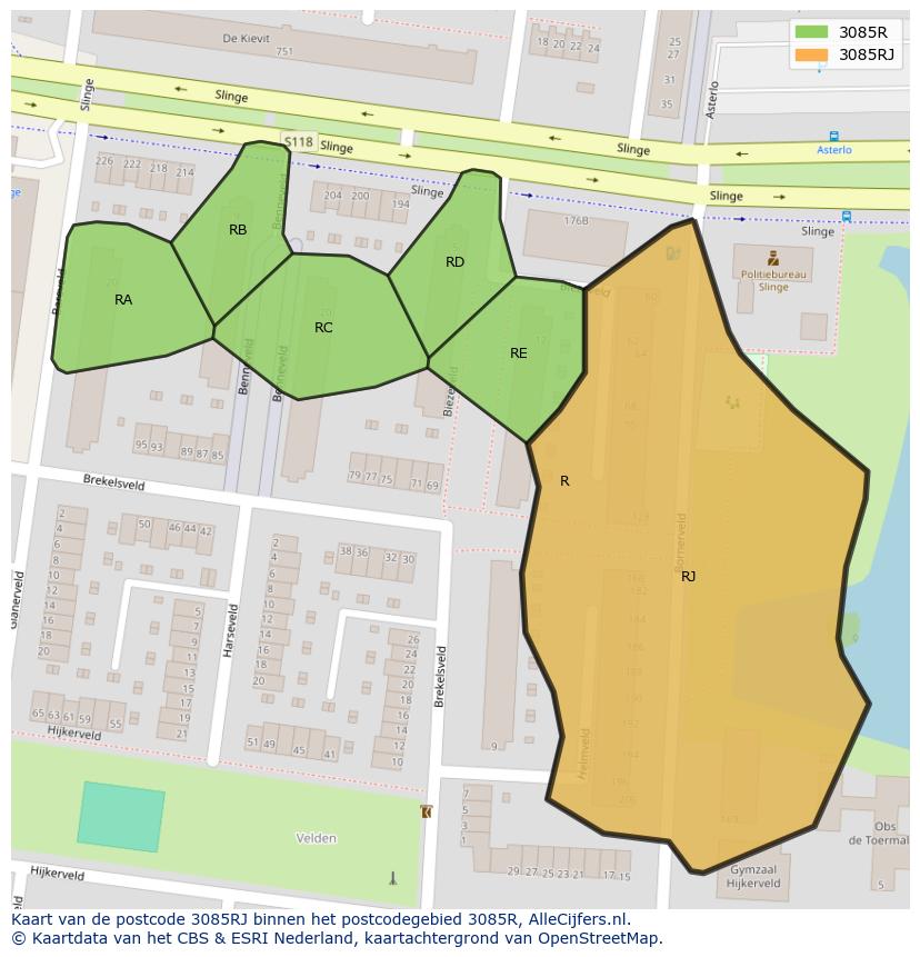 Afbeelding van het postcodegebied 3085 RJ op de kaart.