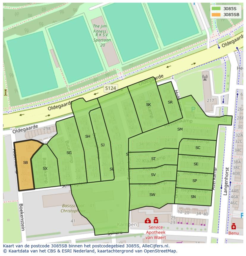 Afbeelding van het postcodegebied 3085 SB op de kaart.