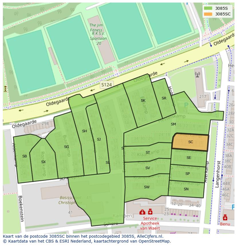 Afbeelding van het postcodegebied 3085 SC op de kaart.