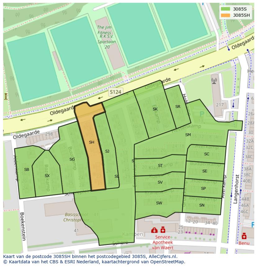 Afbeelding van het postcodegebied 3085 SH op de kaart.