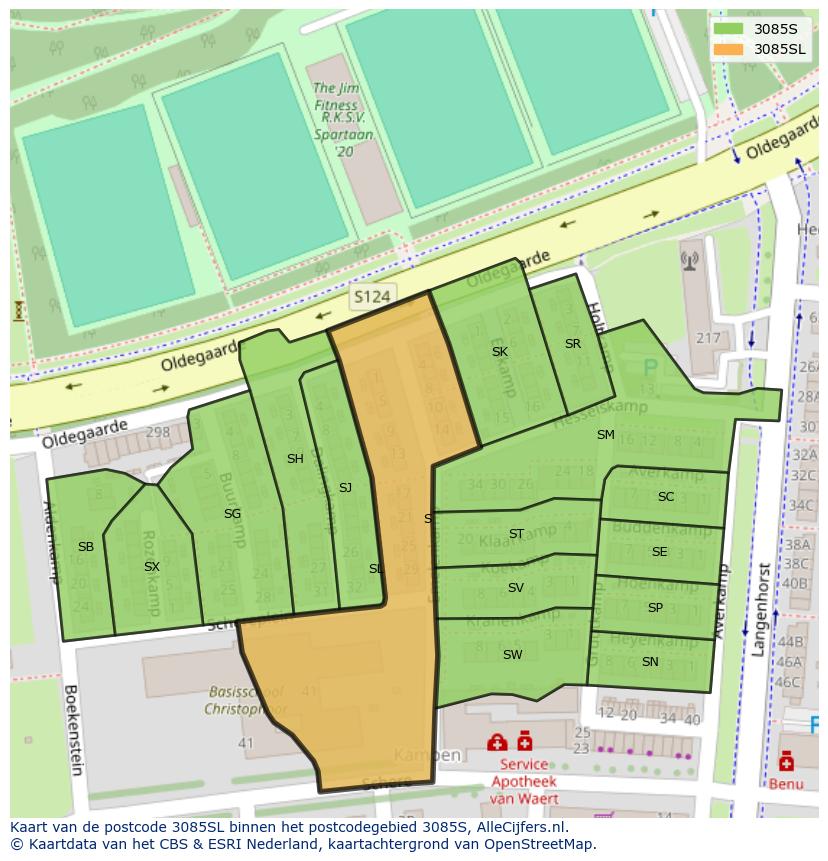 Afbeelding van het postcodegebied 3085 SL op de kaart.