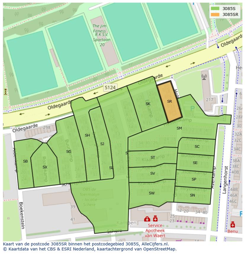 Afbeelding van het postcodegebied 3085 SR op de kaart.