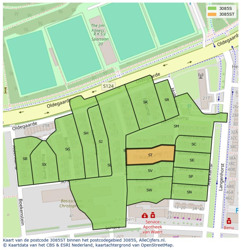 Afbeelding van het postcodegebied 3085 ST op de kaart.