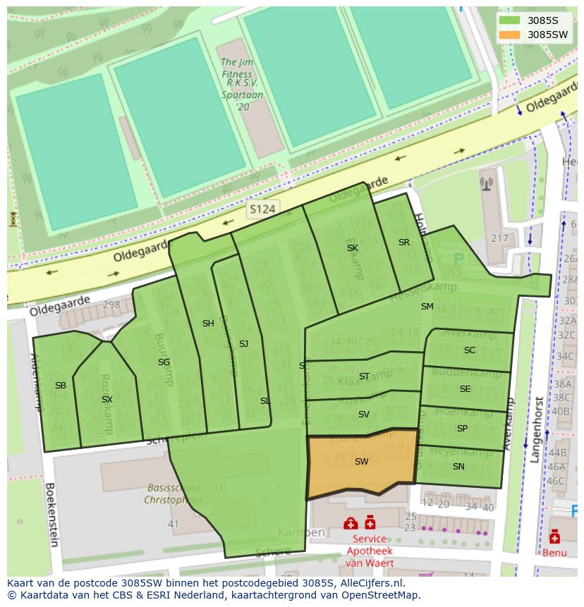 Afbeelding van het postcodegebied 3085 SW op de kaart.