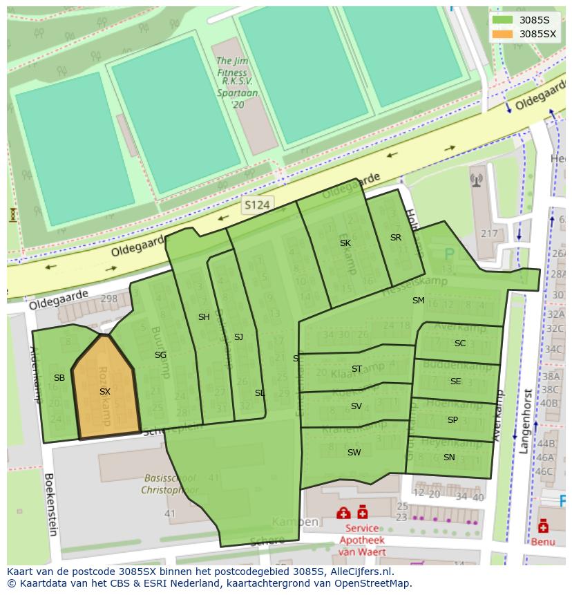 Afbeelding van het postcodegebied 3085 SX op de kaart.