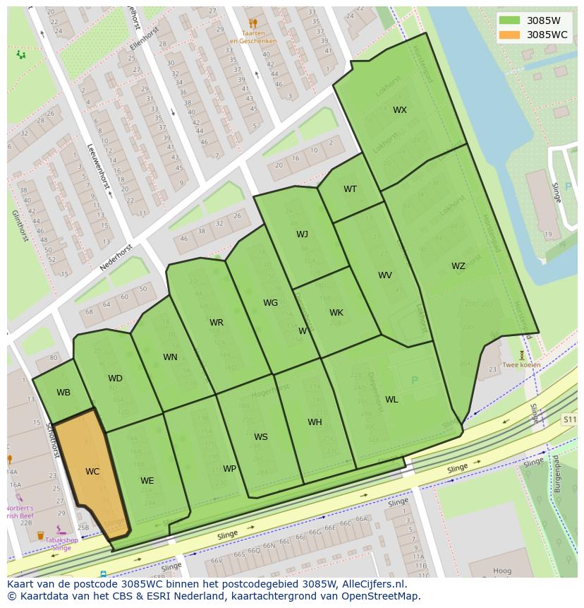 Afbeelding van het postcodegebied 3085 WC op de kaart.