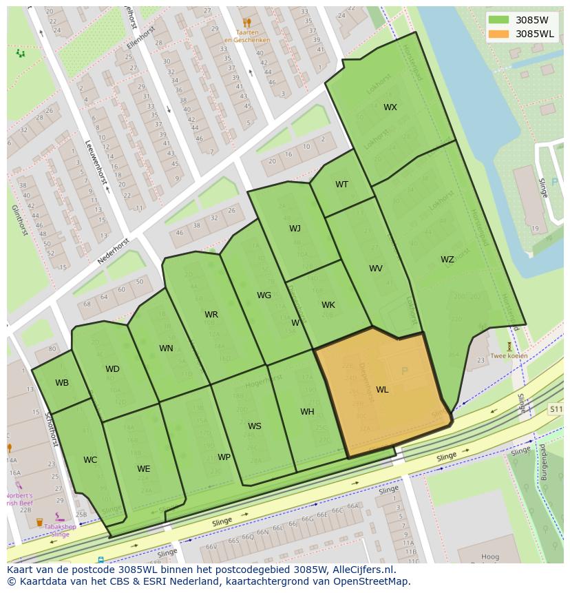 Afbeelding van het postcodegebied 3085 WL op de kaart.