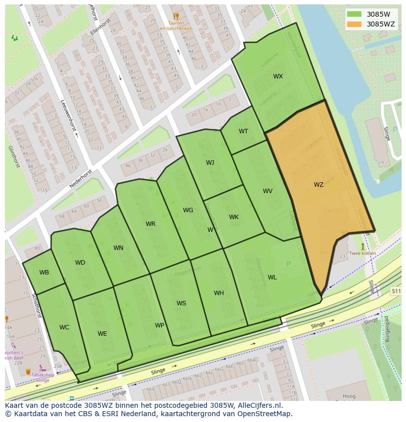 Afbeelding van het postcodegebied 3085 WZ op de kaart.