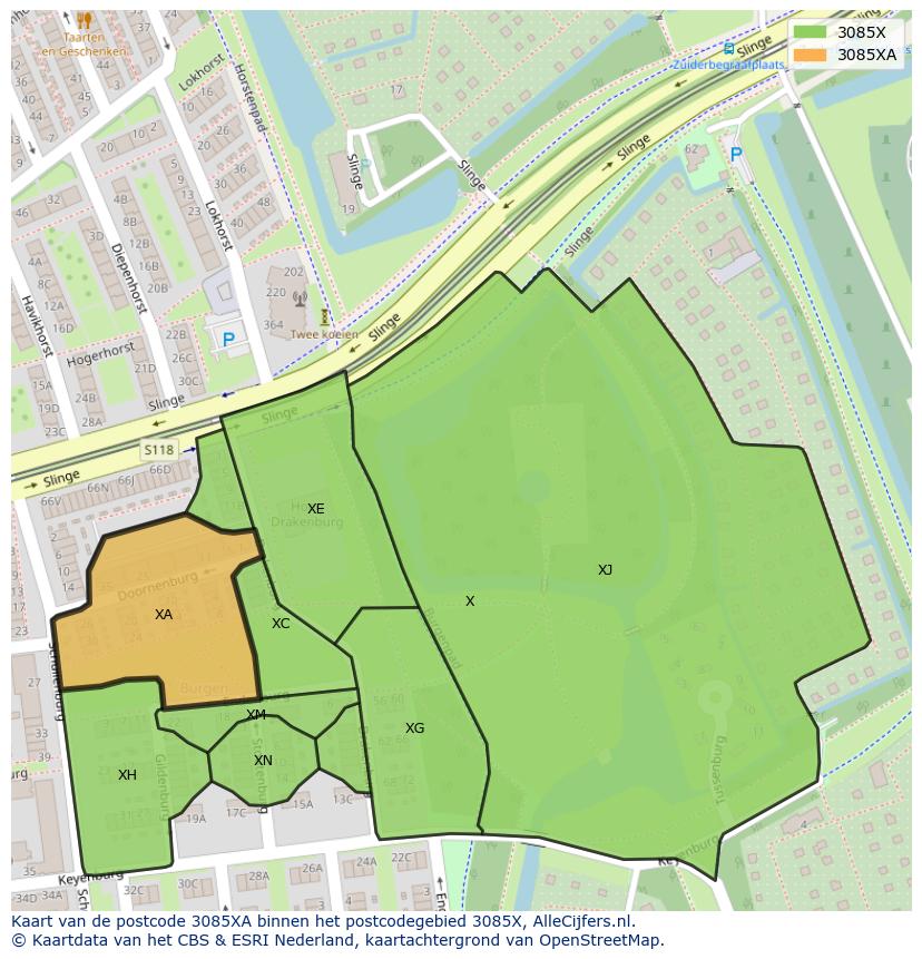 Afbeelding van het postcodegebied 3085 XA op de kaart.