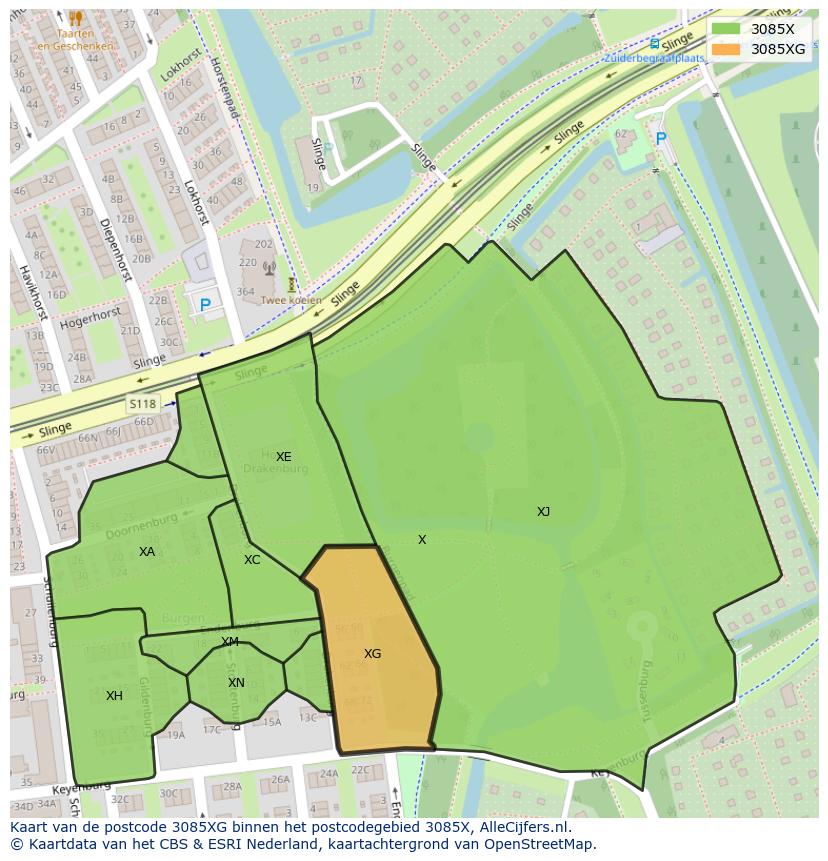 Afbeelding van het postcodegebied 3085 XG op de kaart.