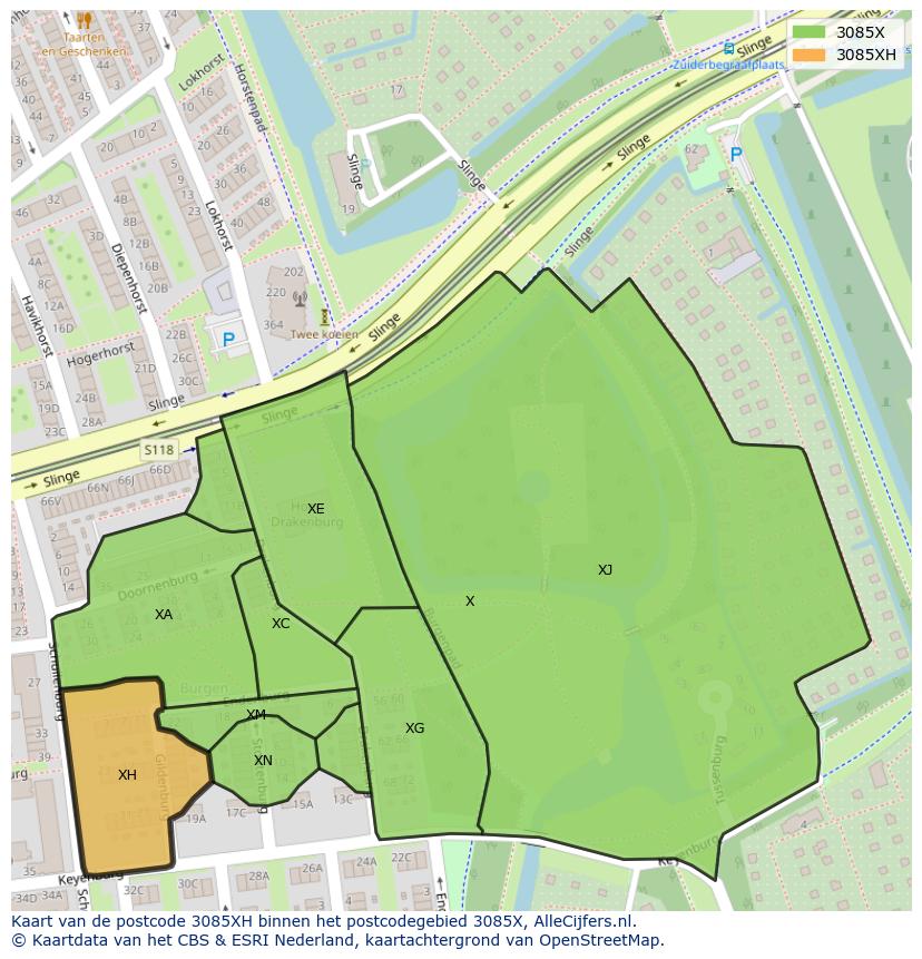Afbeelding van het postcodegebied 3085 XH op de kaart.