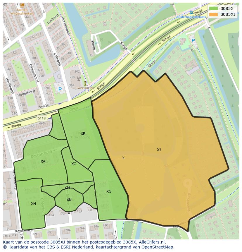 Afbeelding van het postcodegebied 3085 XJ op de kaart.