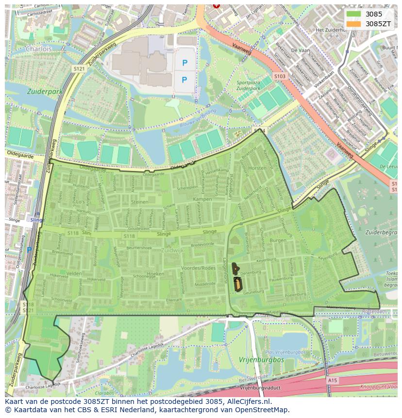 Afbeelding van het postcodegebied 3085 ZT op de kaart.