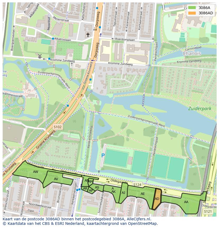 Afbeelding van het postcodegebied 3086 AD op de kaart.
