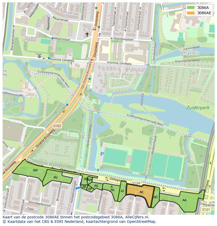 Afbeelding van het postcodegebied 3086 AE op de kaart.