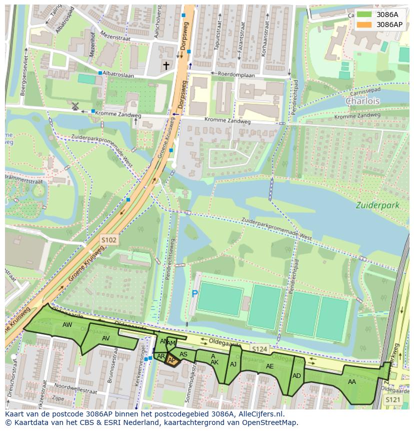 Afbeelding van het postcodegebied 3086 AP op de kaart.