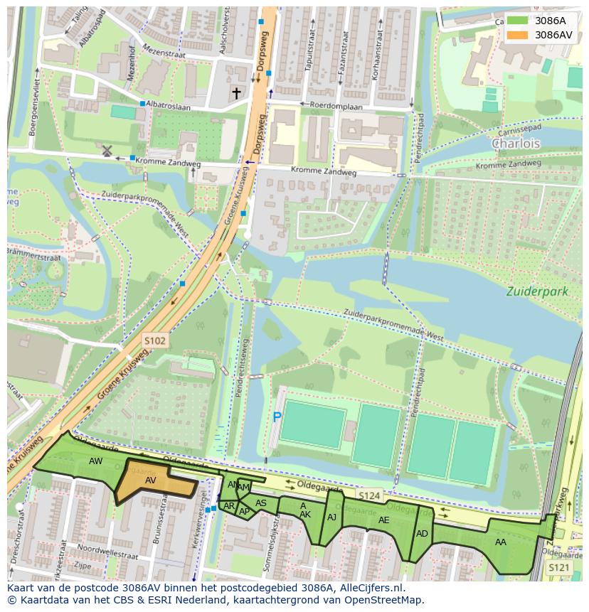 Afbeelding van het postcodegebied 3086 AV op de kaart.