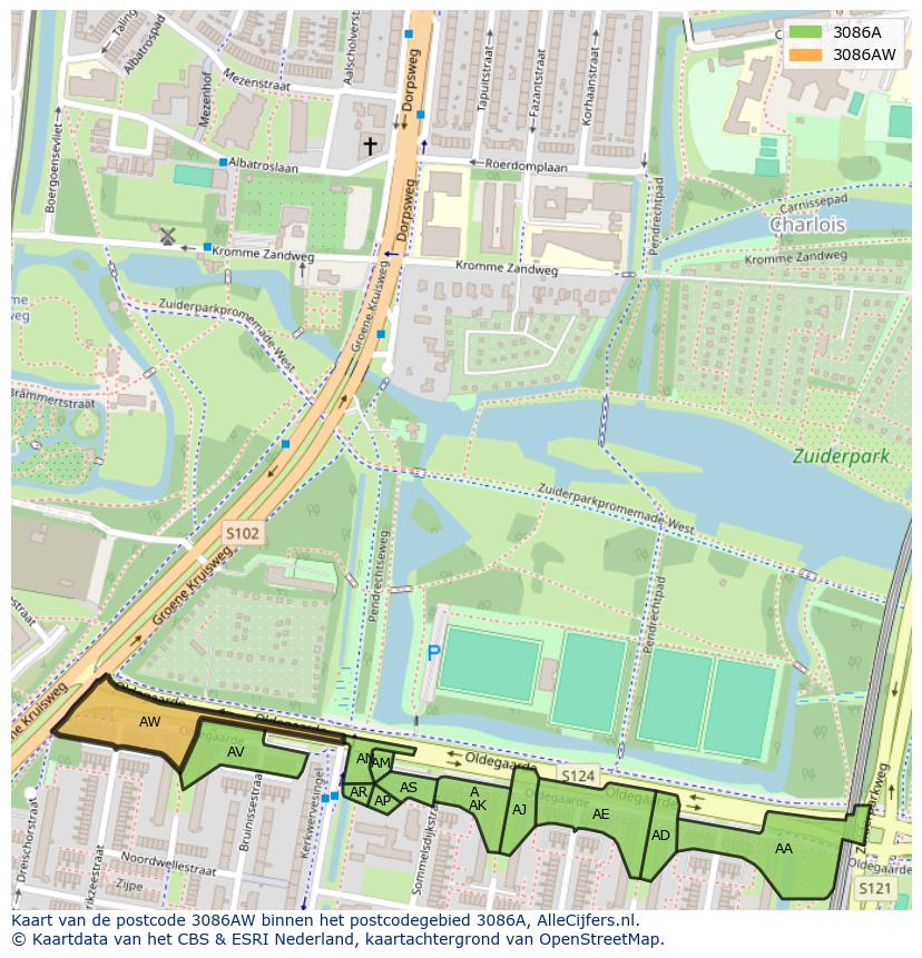 Afbeelding van het postcodegebied 3086 AW op de kaart.