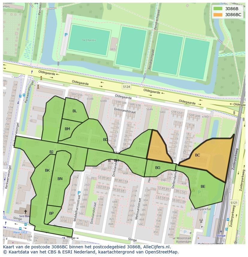 Afbeelding van het postcodegebied 3086 BC op de kaart.