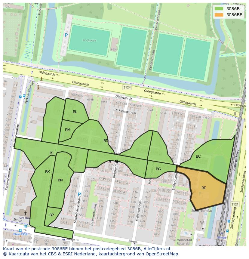 Afbeelding van het postcodegebied 3086 BE op de kaart.