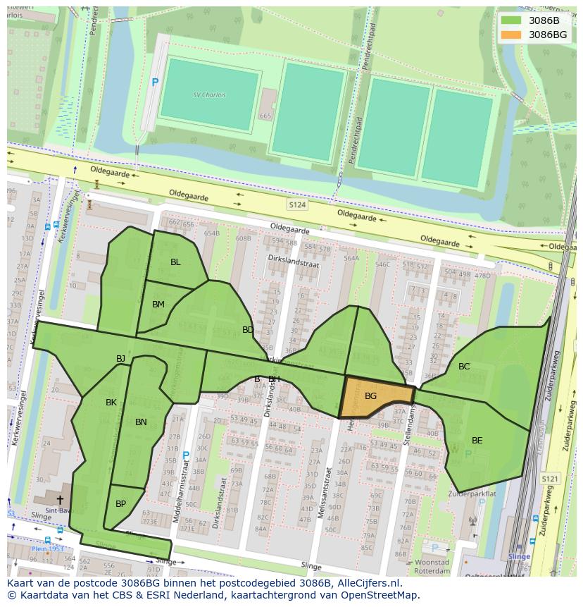 Afbeelding van het postcodegebied 3086 BG op de kaart.