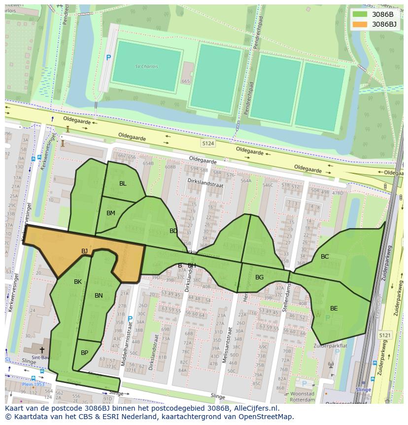 Afbeelding van het postcodegebied 3086 BJ op de kaart.