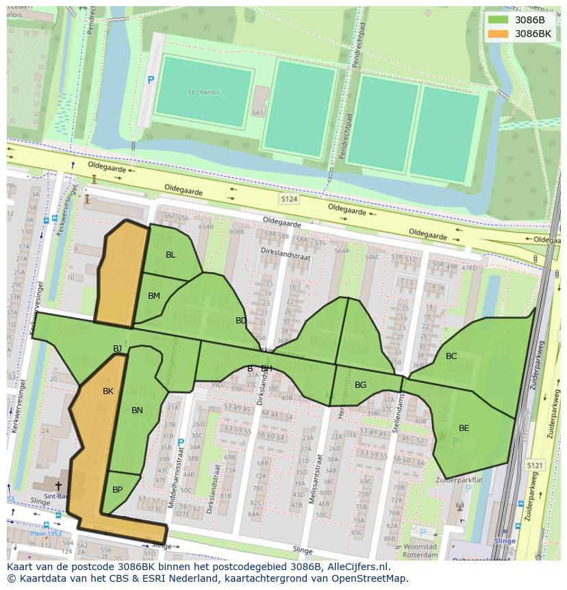 Afbeelding van het postcodegebied 3086 BK op de kaart.