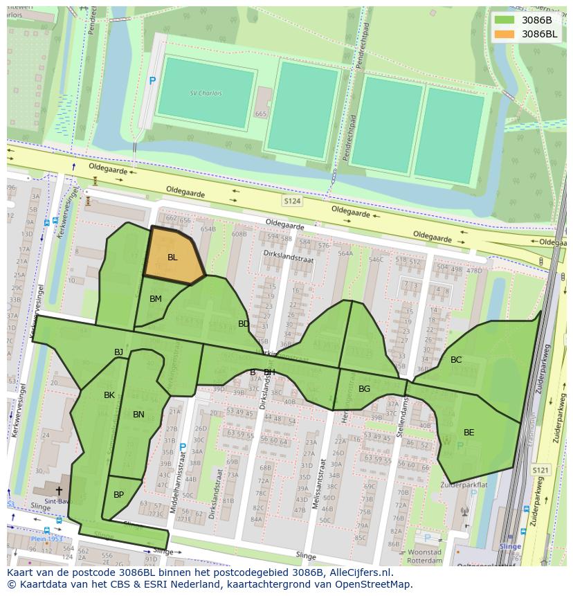 Afbeelding van het postcodegebied 3086 BL op de kaart.