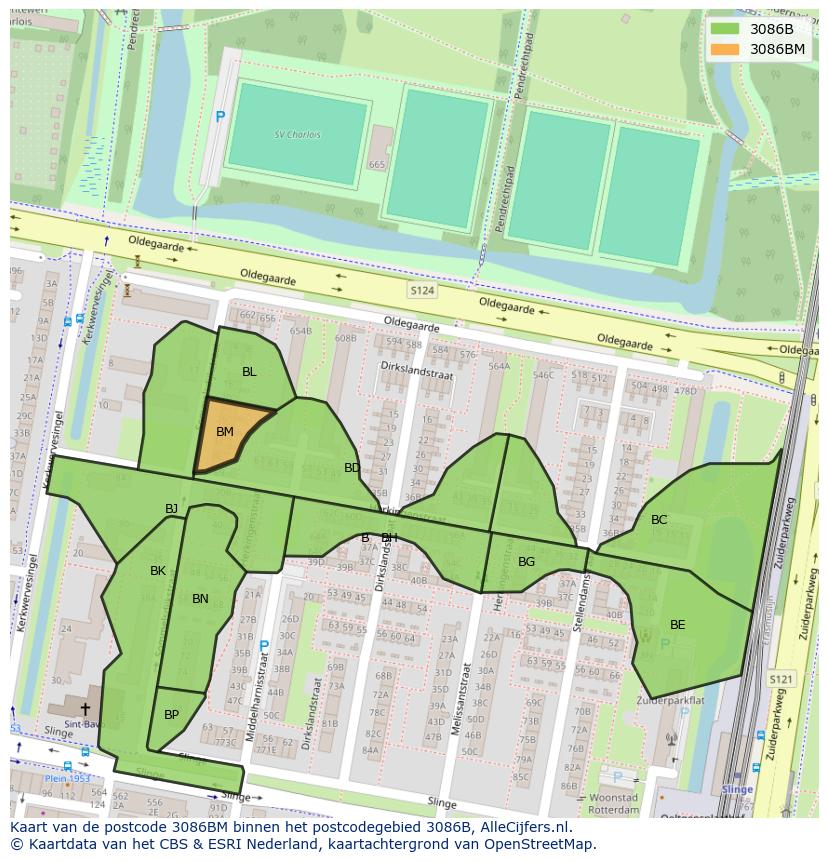 Afbeelding van het postcodegebied 3086 BM op de kaart.
