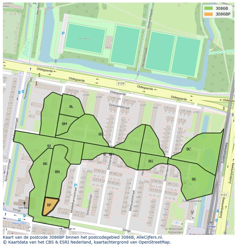 Afbeelding van het postcodegebied 3086 BP op de kaart.